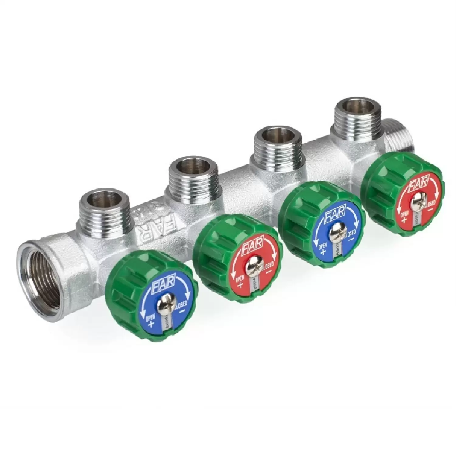 Регулируемый коллектор Far Multifar 1" с 4 отводами 1/2" НР плоское уплотнение