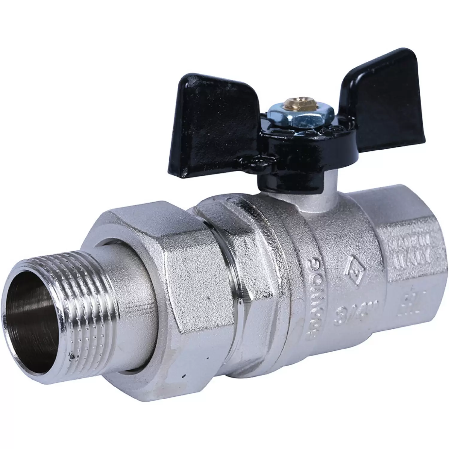 Кран шаровой Bugatti Oregon прямой с накидной гайкой 3/4", ручка-бабочка, арт.03220032 